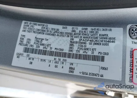 2012 Ford Fiesta Se z USA, uszkodzony, nr VIN 3FADP4BJ5CM104646